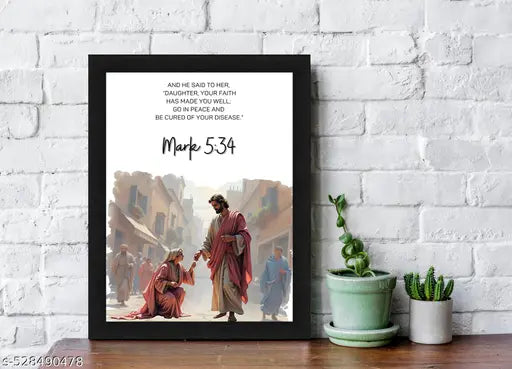 Mark 5:34 Biblical Scripture Wall Art Print - Religious Home Decor with Black Frame