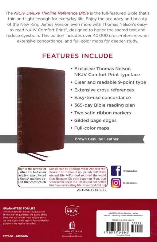 NKJV Deluxe Thinline Reference Bible, Brown Genuine Leather, Comfort Print - ISBN: 9780785248842