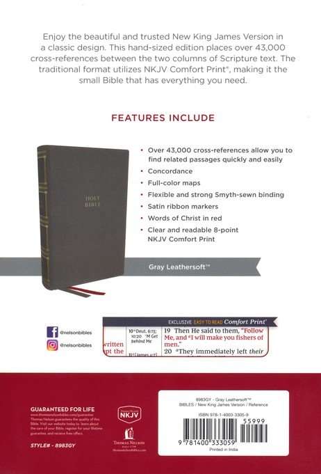 NKJV Compact Center-Column Reference Bible, Gray LeatherSoft Edition