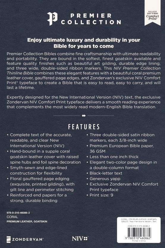 Premier Collection: NIV Thinline Bible - Premium Goatskin Leather, Coral Pink Edition (ISBN: 9780310460862)