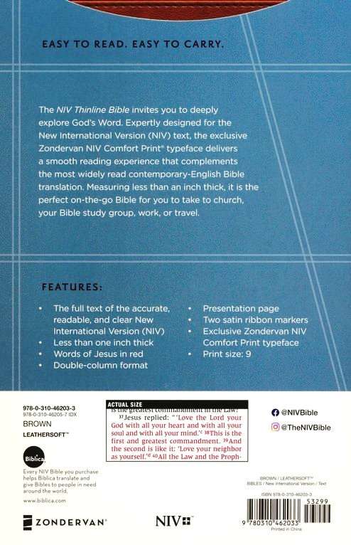 NIV Thinline Bible: Comfort Print Edition, Brown Soft Leather Cover