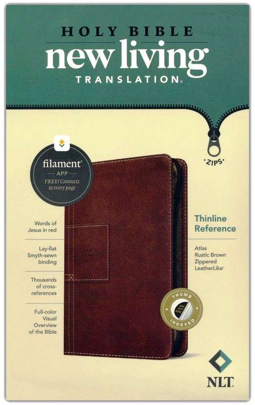 NLT New Living Translation Thinline Reference Bible, Atlas Rustic Brown Zippered Leather-Like Cover