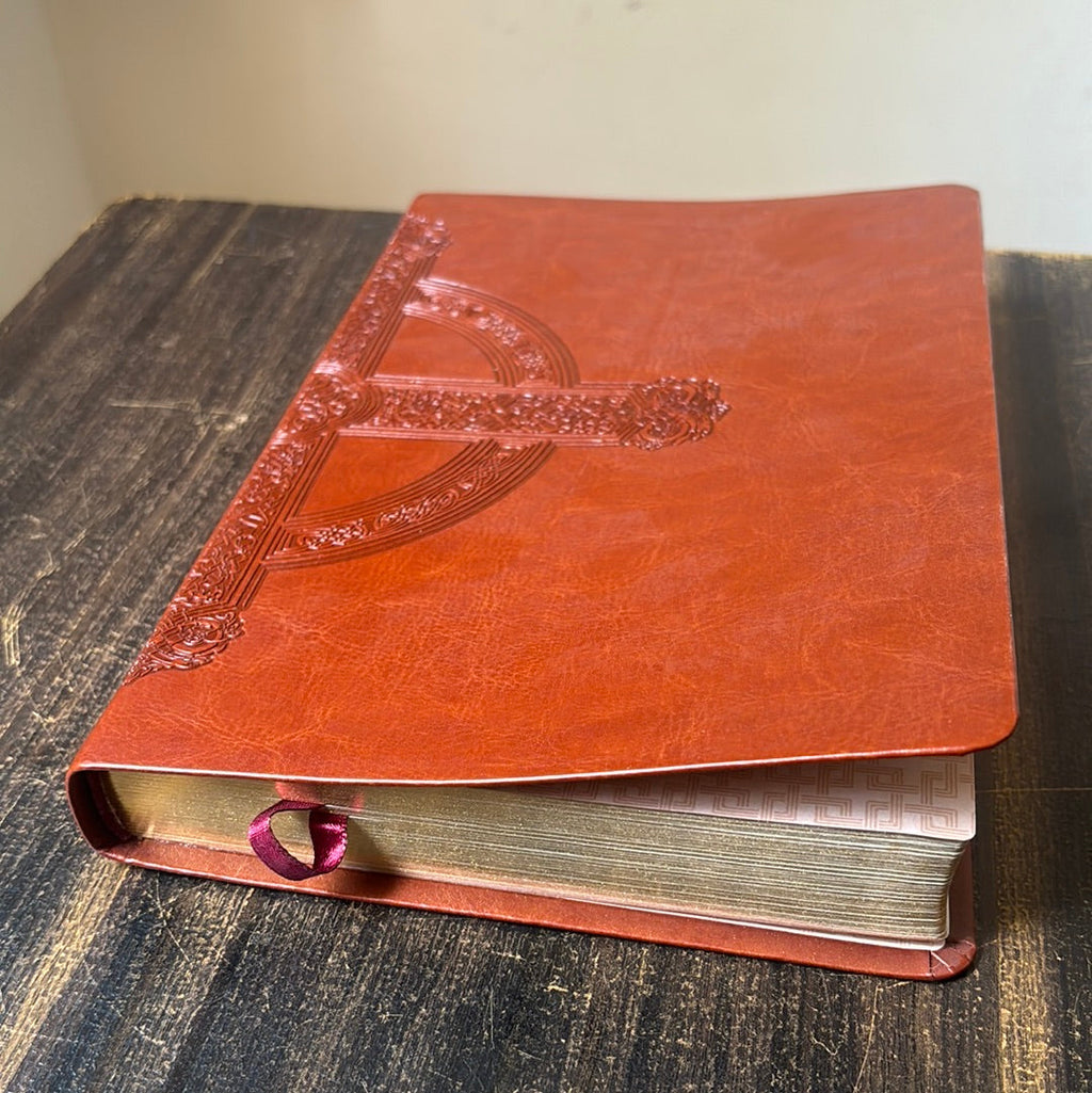 Close-up of NLT Bible pages with large print and leather cover details