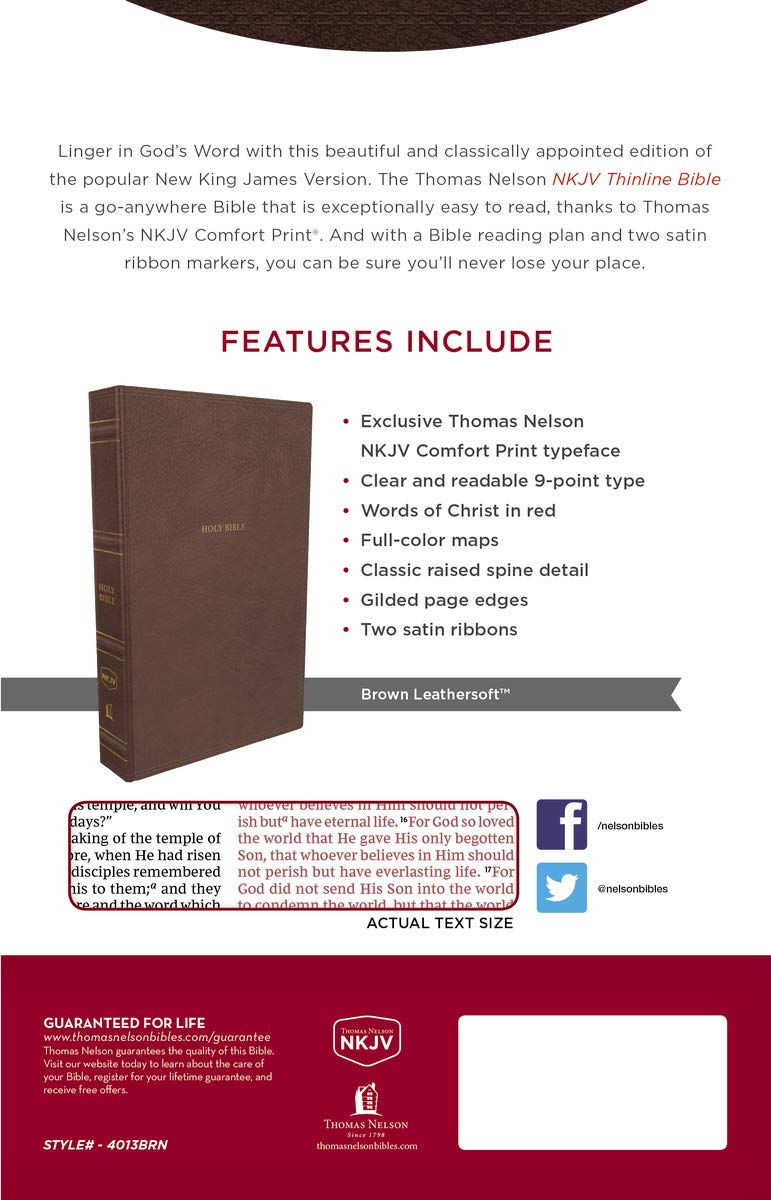 NKJV, Thinline Bible, Leathersoft, Brown, Red Letter, Comfort Print: Holy Bible, New King James Version Imitation Leather – Import