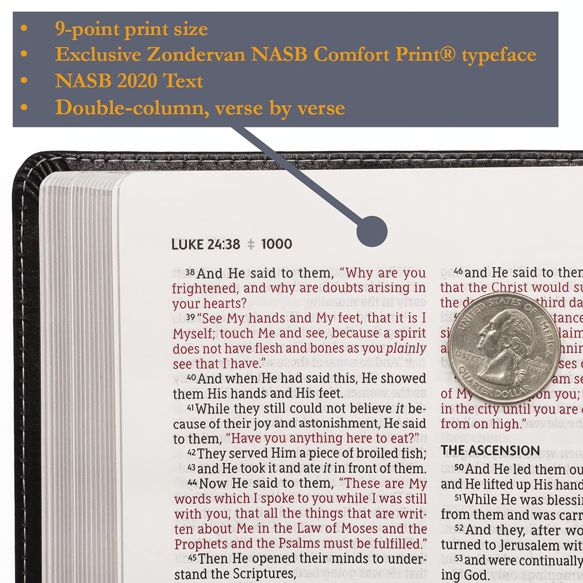 2020 NASB Thinline Leathersoft Teal Bible open with Red Letter Comfort Print