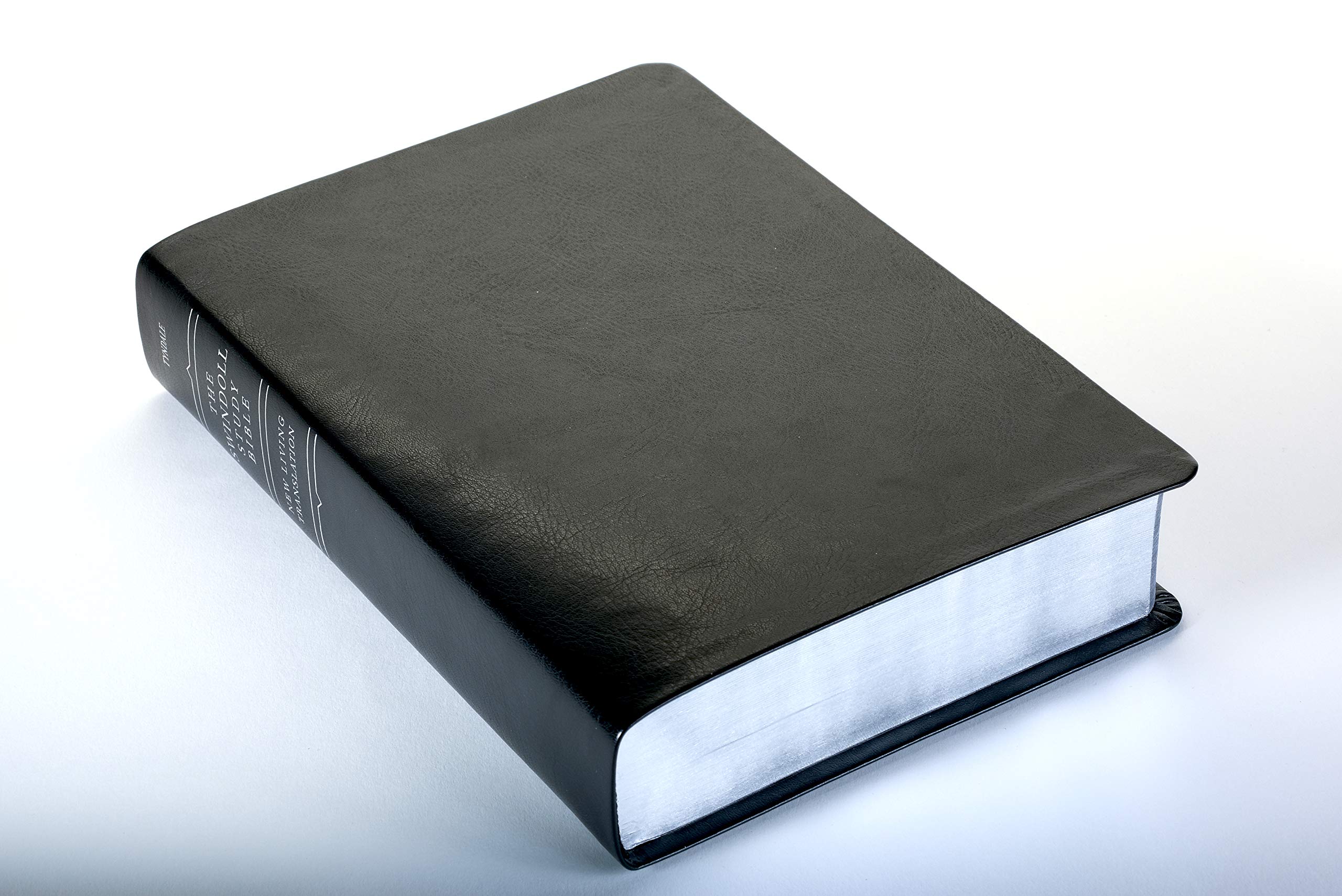 Close-up of Tyndale NLT Swindoll Study Bible imitation leather cover