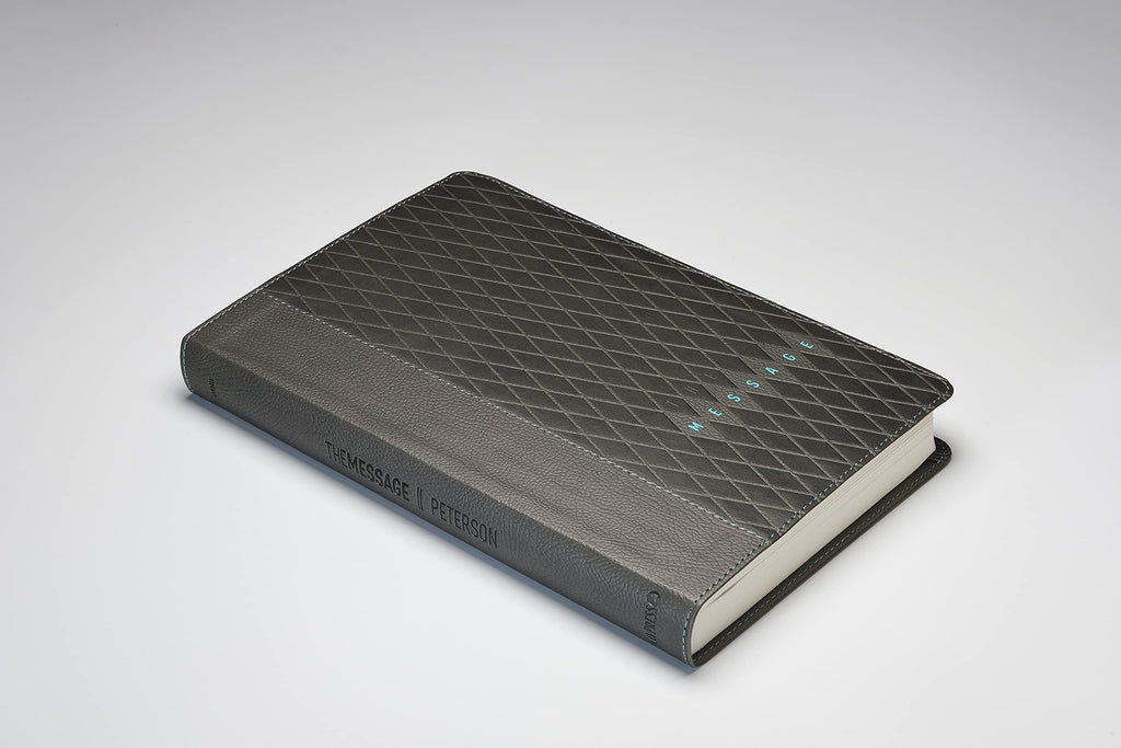 The Message Slimline Bible, a slimline edition in charcoal diamond leather-look leather bound.