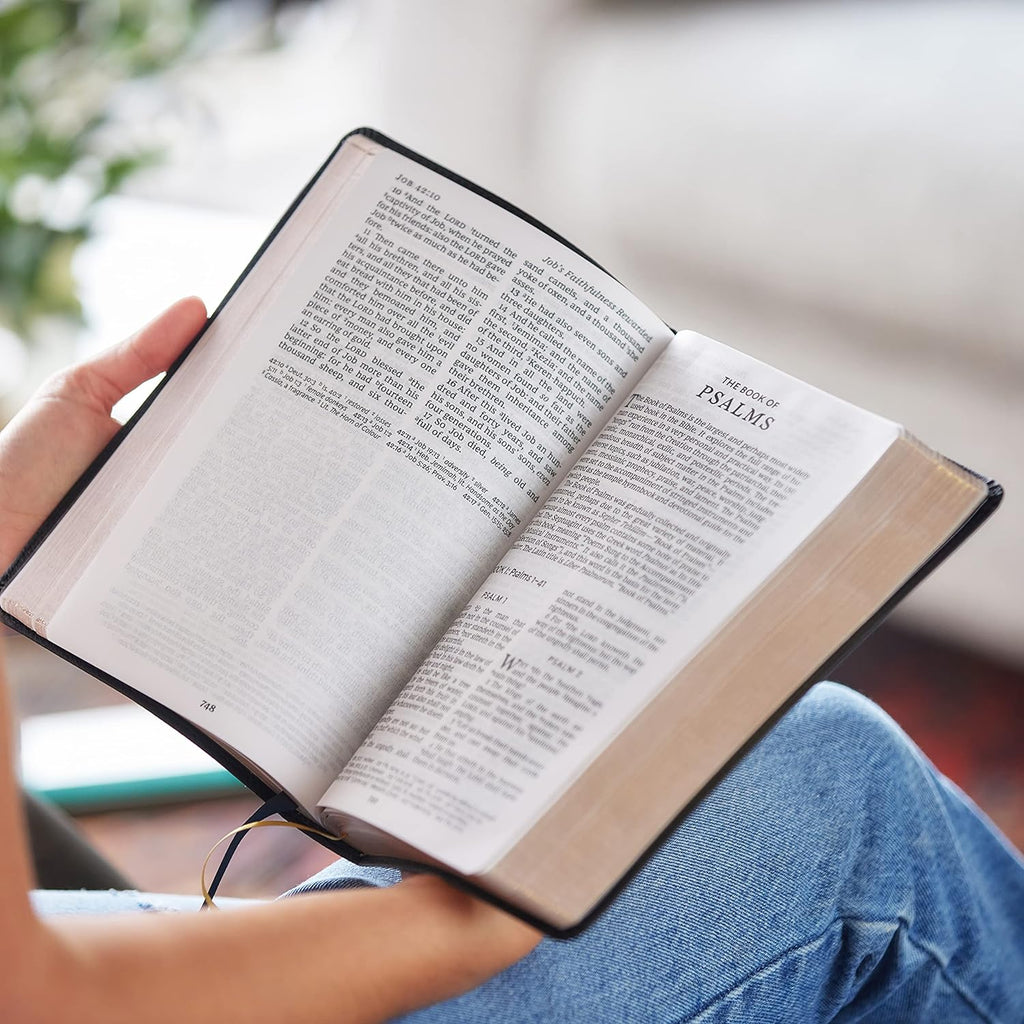King James Version Bible with brown leather cover and large print for easy reading