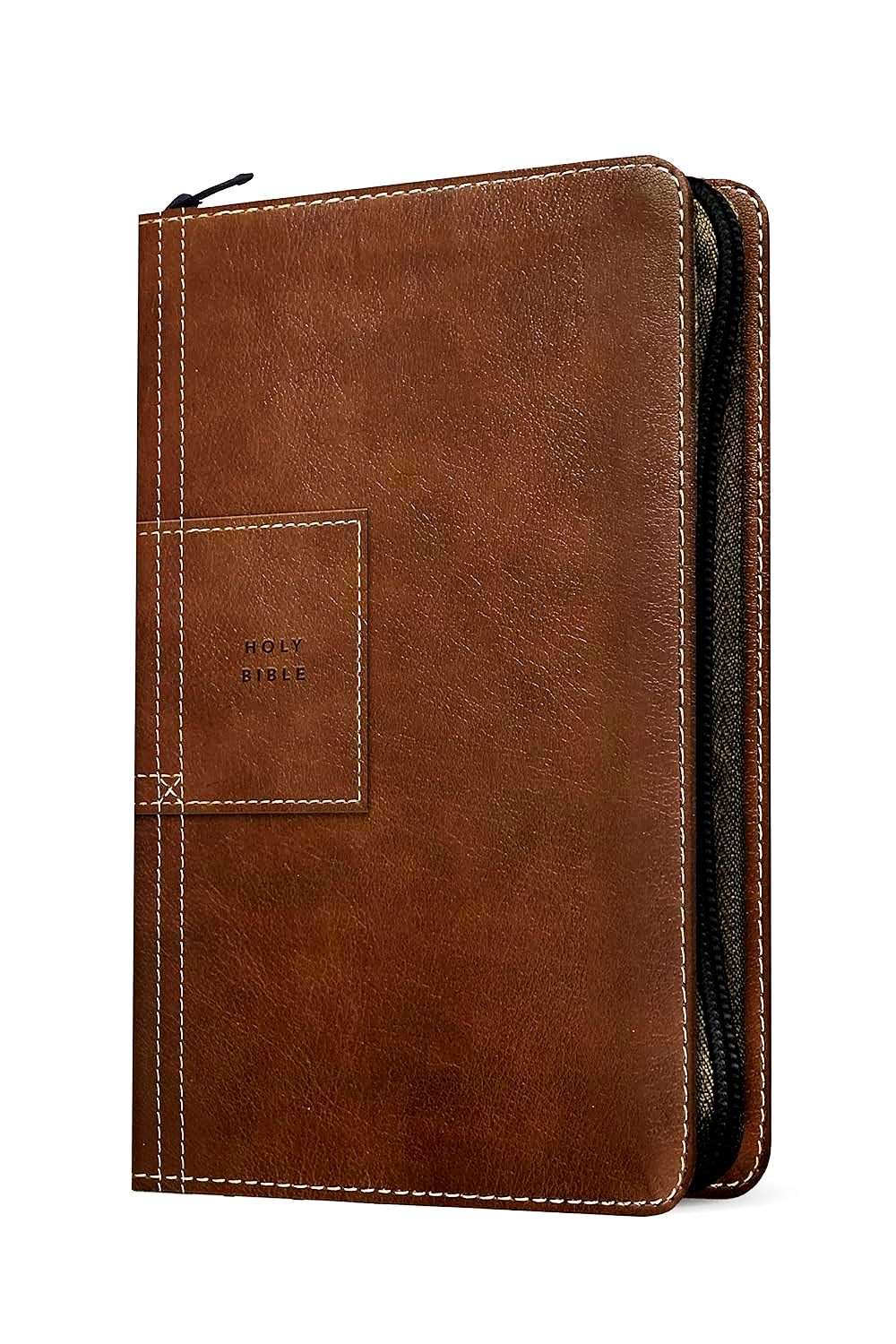 NLT New Living Translation Thinline Reference Bible, Atlas Rustic Brown Zippered Leather-Like Cover