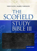NKJV Scofield III Study Bible in black leather bound edition with annotations and study notes.