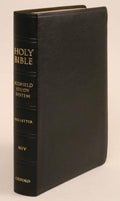 The NIV Scofield Study Bible III in black leather bound edition, perfect for in-depth Bible study and analysis.