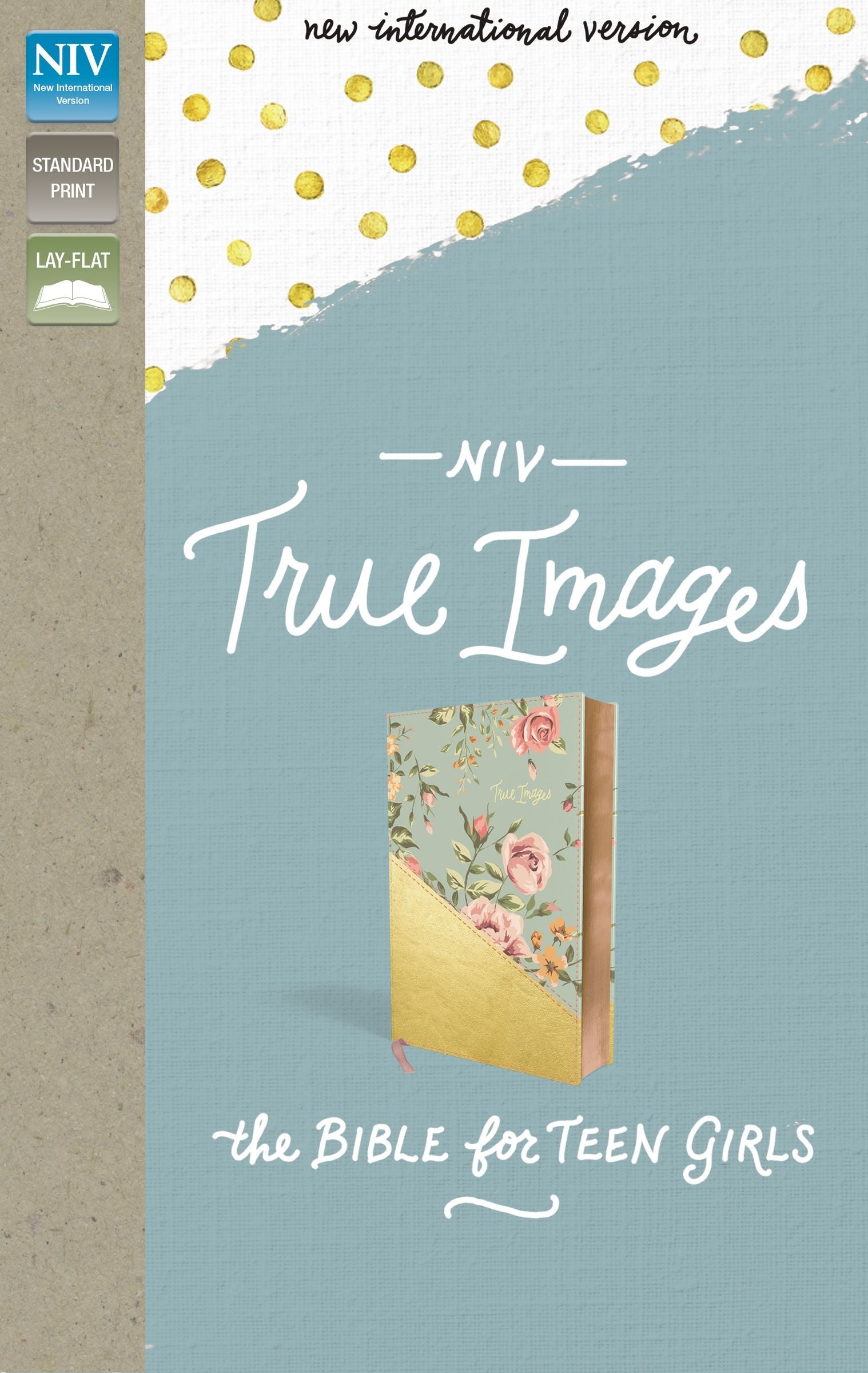 Close-up of NIV True Images Bible for Teen Girls in Blue and Gold, Black Letter Edition
