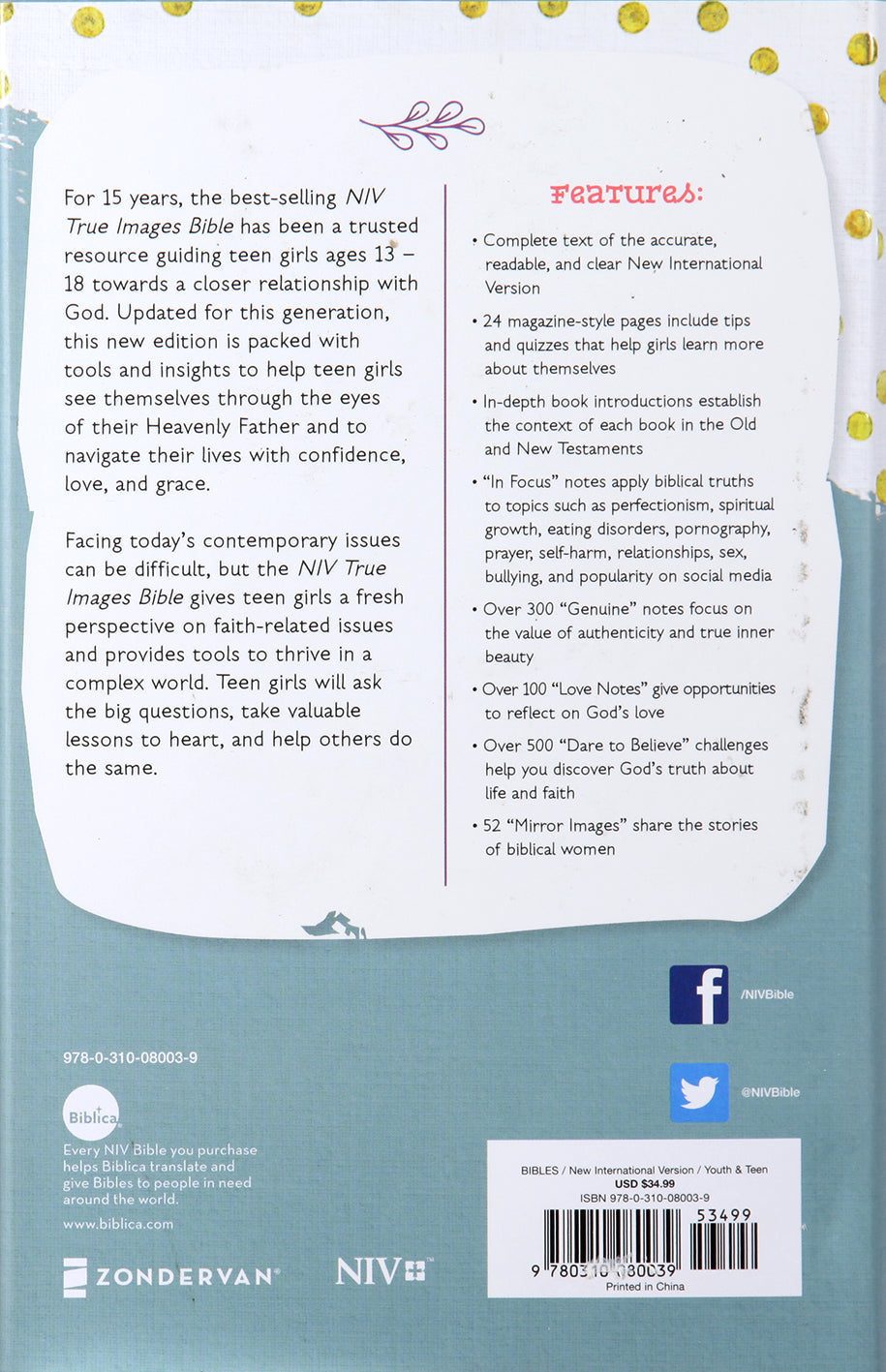 NIV True Images Bible for Teen Girls in Blue and Gold, Black Letter Edition on a bookshelf