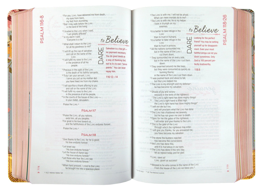 NIV True Images Bible for Teen Girls in Blue and Gold, Black Letter Edition open to a page