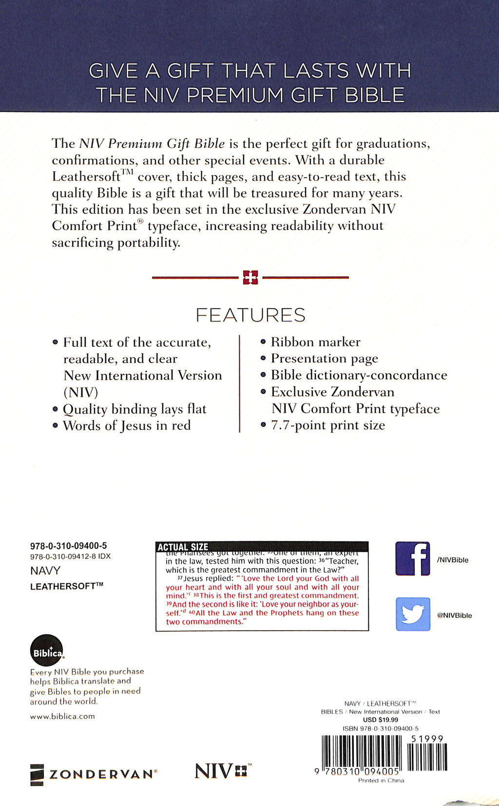 NIV Premium Navy Gift Bible Red Letter Edition