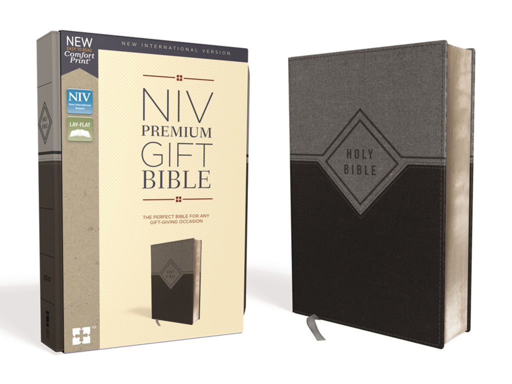 Close-up of NIV Premium Gift Bible red letter edition, black and gray finish
