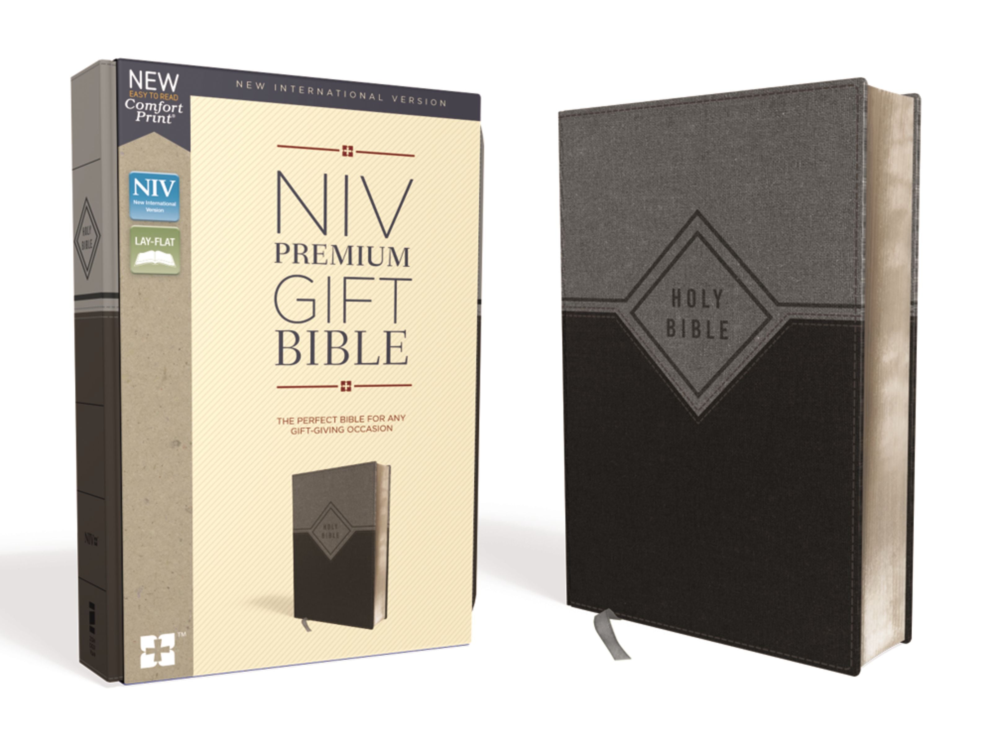 Close-up of NIV Premium Gift Bible red letter edition, black and gray finish