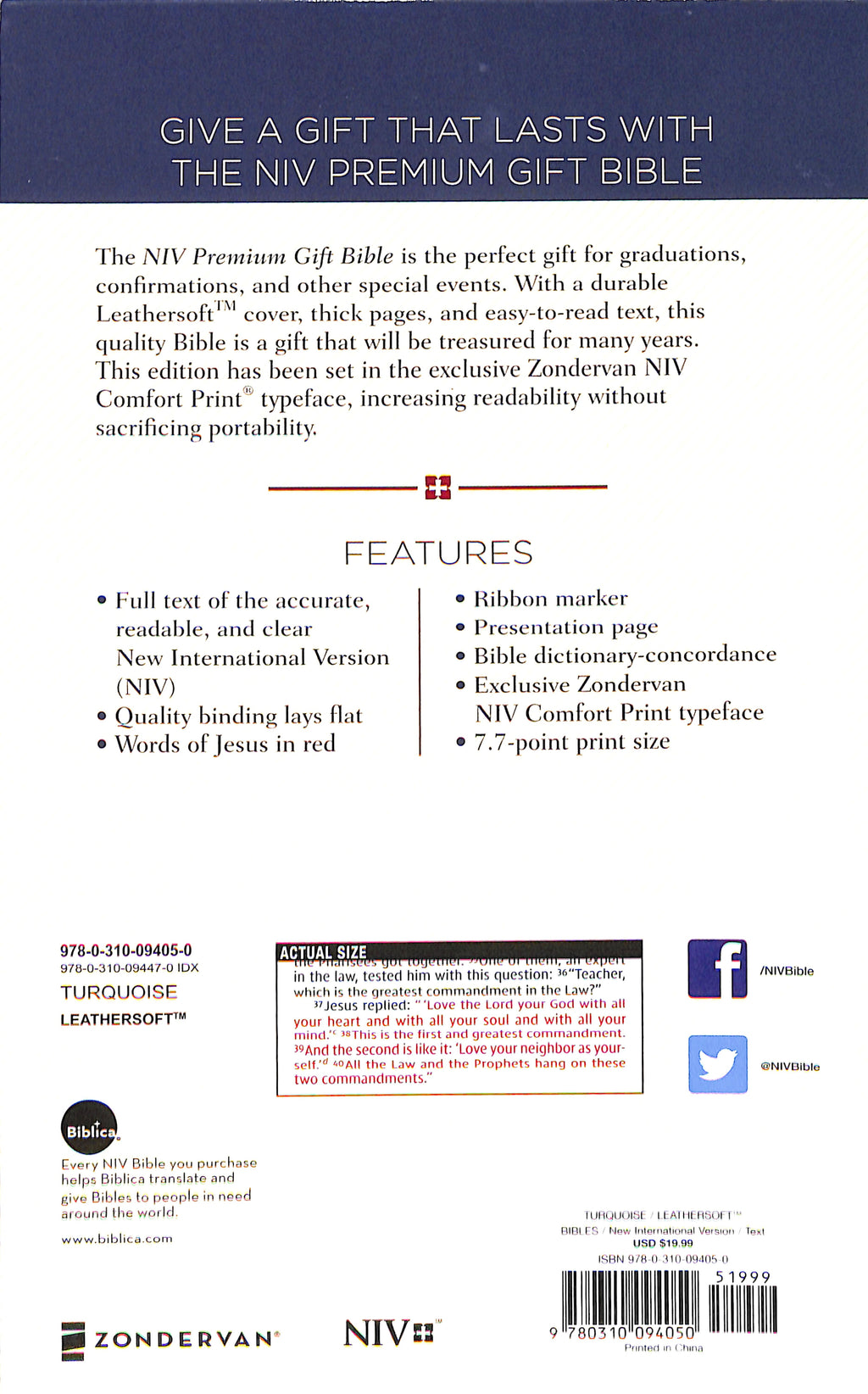 Close-up of NIV Premium Gift Bible Blue with Red Letter Edition