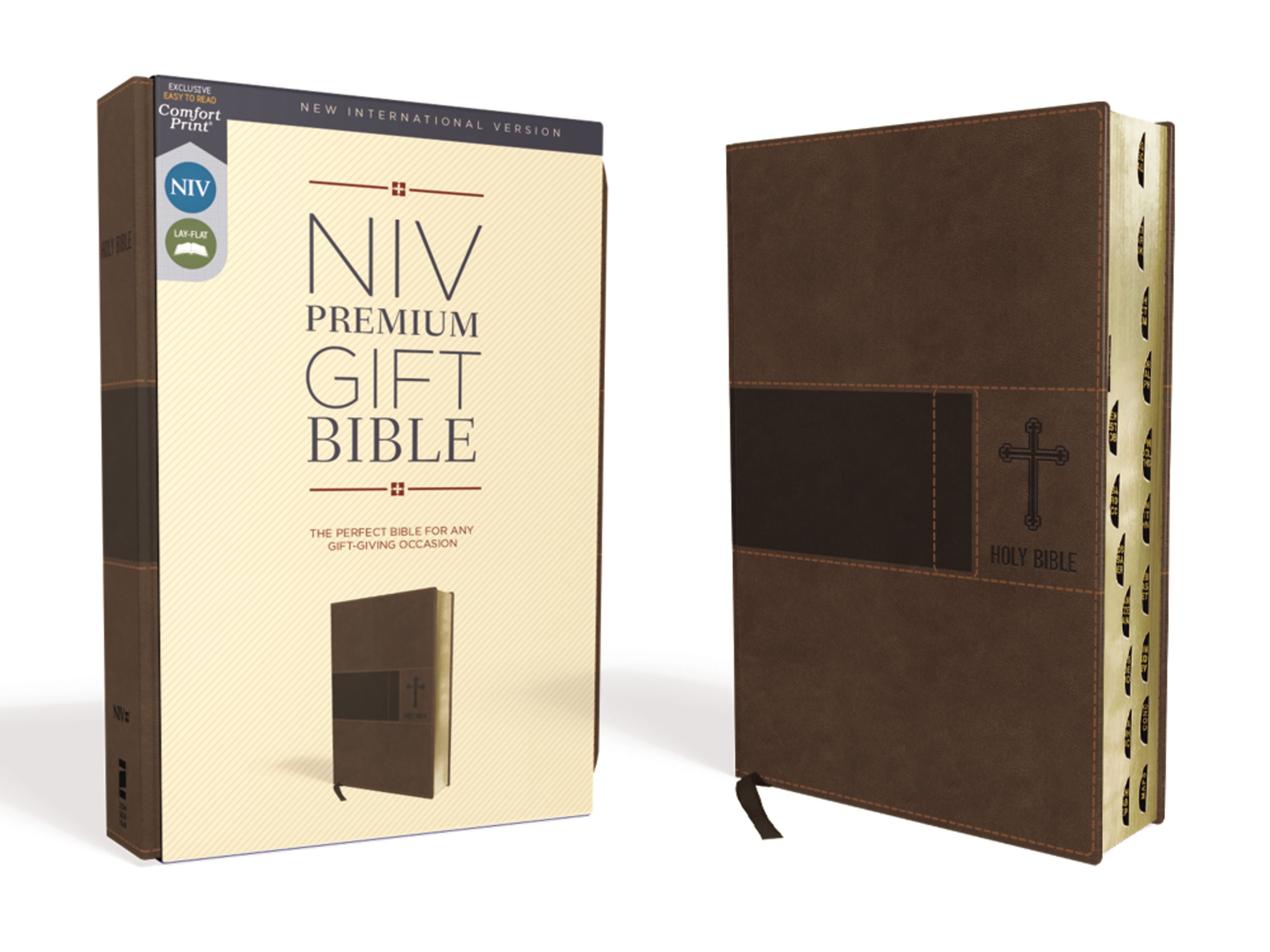 NIV Premium Gift Bible Brown Indexed Red Letter Edition, a beautifully crafted Bible with a brown leather-like cover and red 