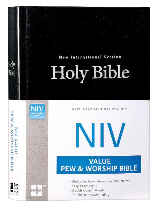 Close-up of NIV Value Pew and Worship Bible in Black Letter Edition, Black Cover, for Worship and Study