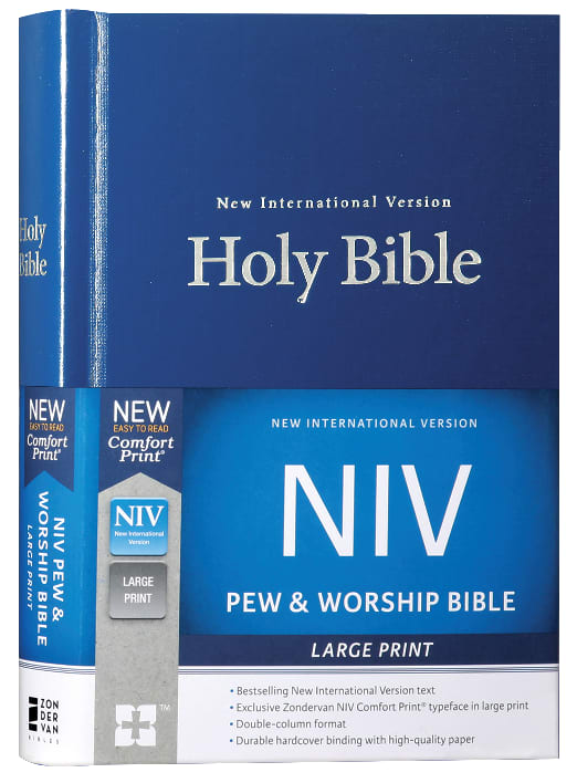 Large print blue New International Version pew and worship Bible with black letter edition
