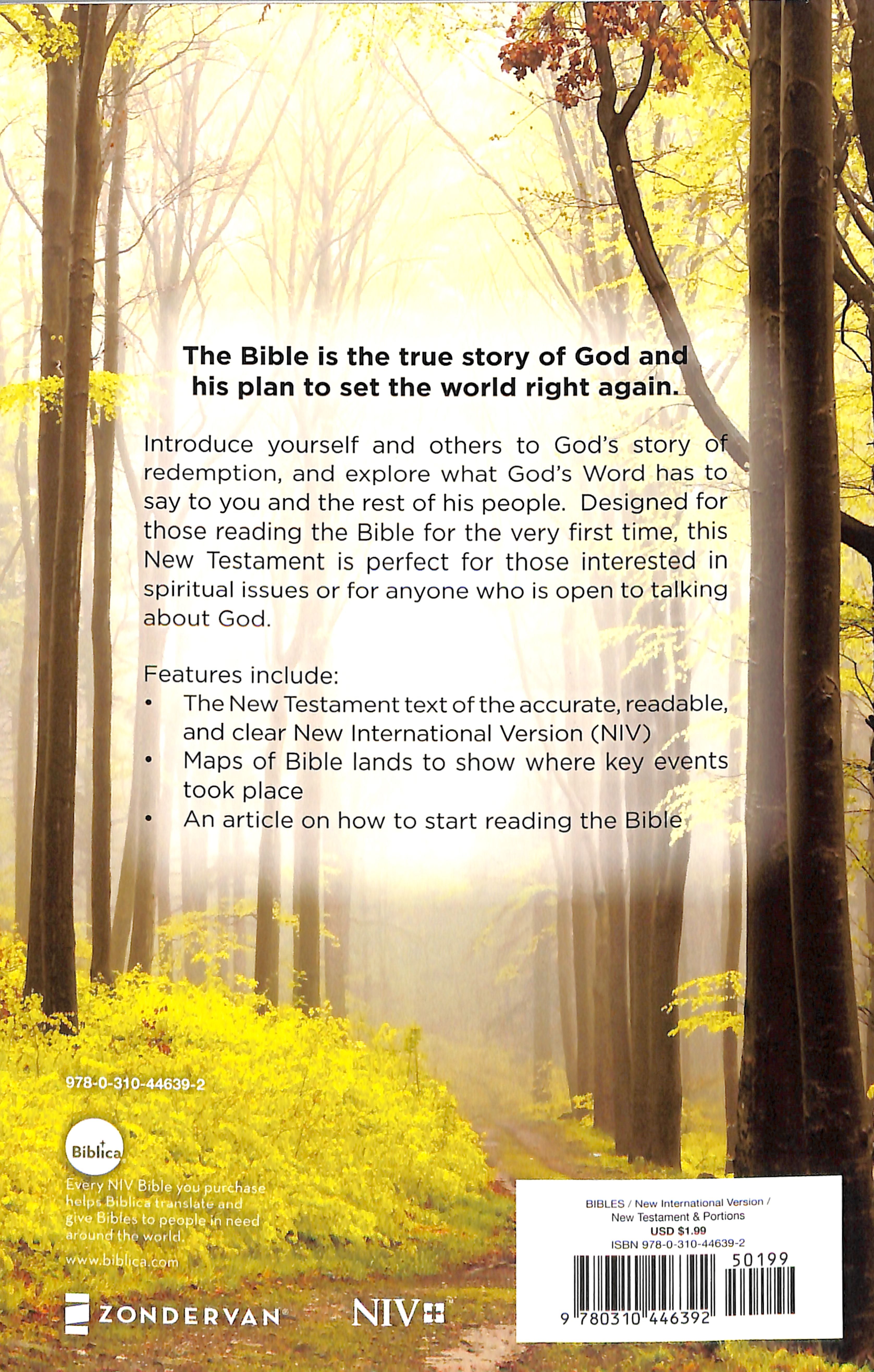 Close-up of the Black Letter NIV Outreach New Testament with a Green Forest Path theme