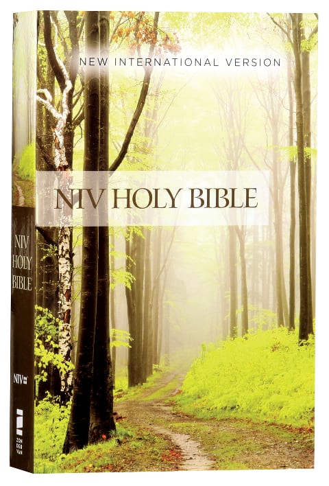 NIV Value Outreach Bible in Black Letter Edition with Green Forest Path background.