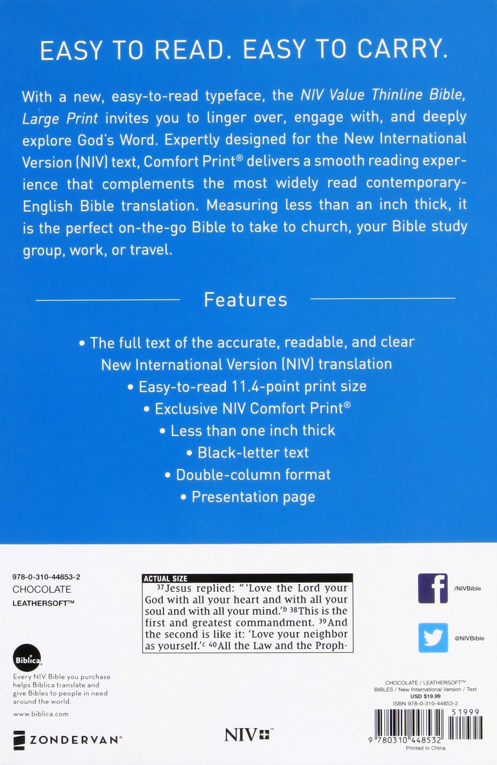 NIV Value Thinline Bible Large Print Brown (Black Letter Edition)
