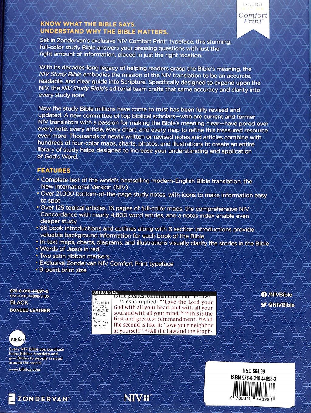 Front cover of the 2020 NIV Study Bible in black indexed red letter edition