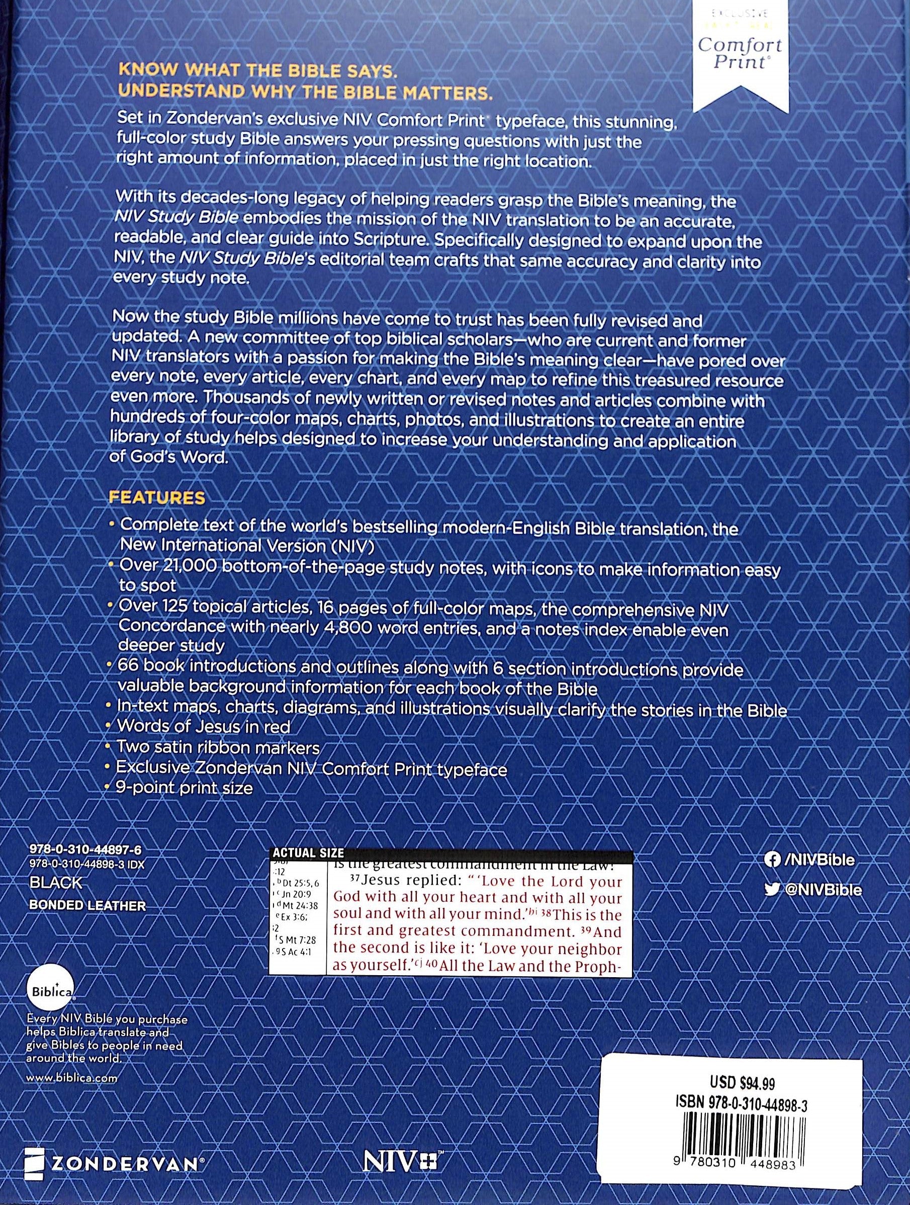 Front cover of the 2020 NIV Study Bible in black indexed red letter edition