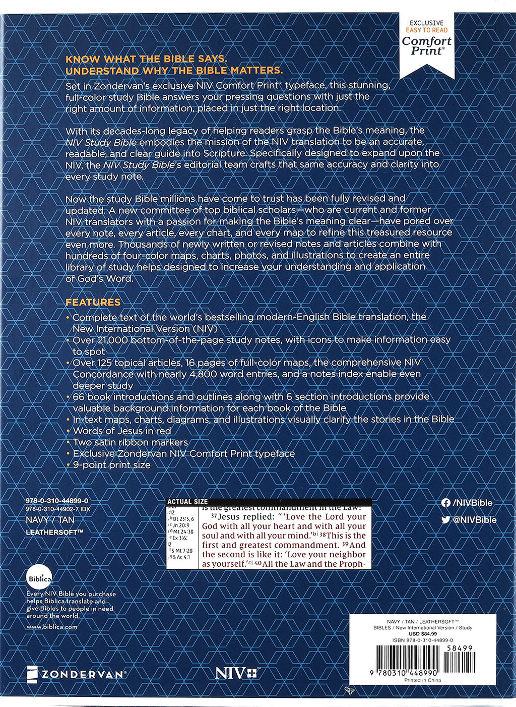 NIV Study Bible Navy/Tan (Red Letter Edition) Fully Revised Edition (2020)