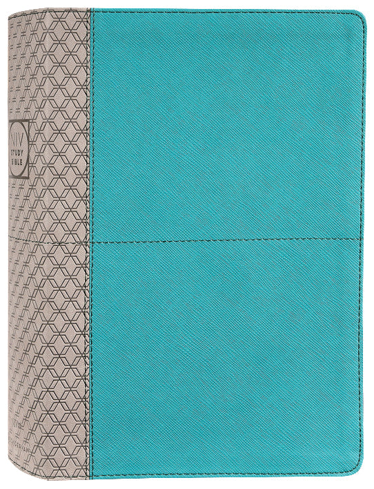 NIV Study Bible in teal and grey cover, fully revised edition with red letter text.