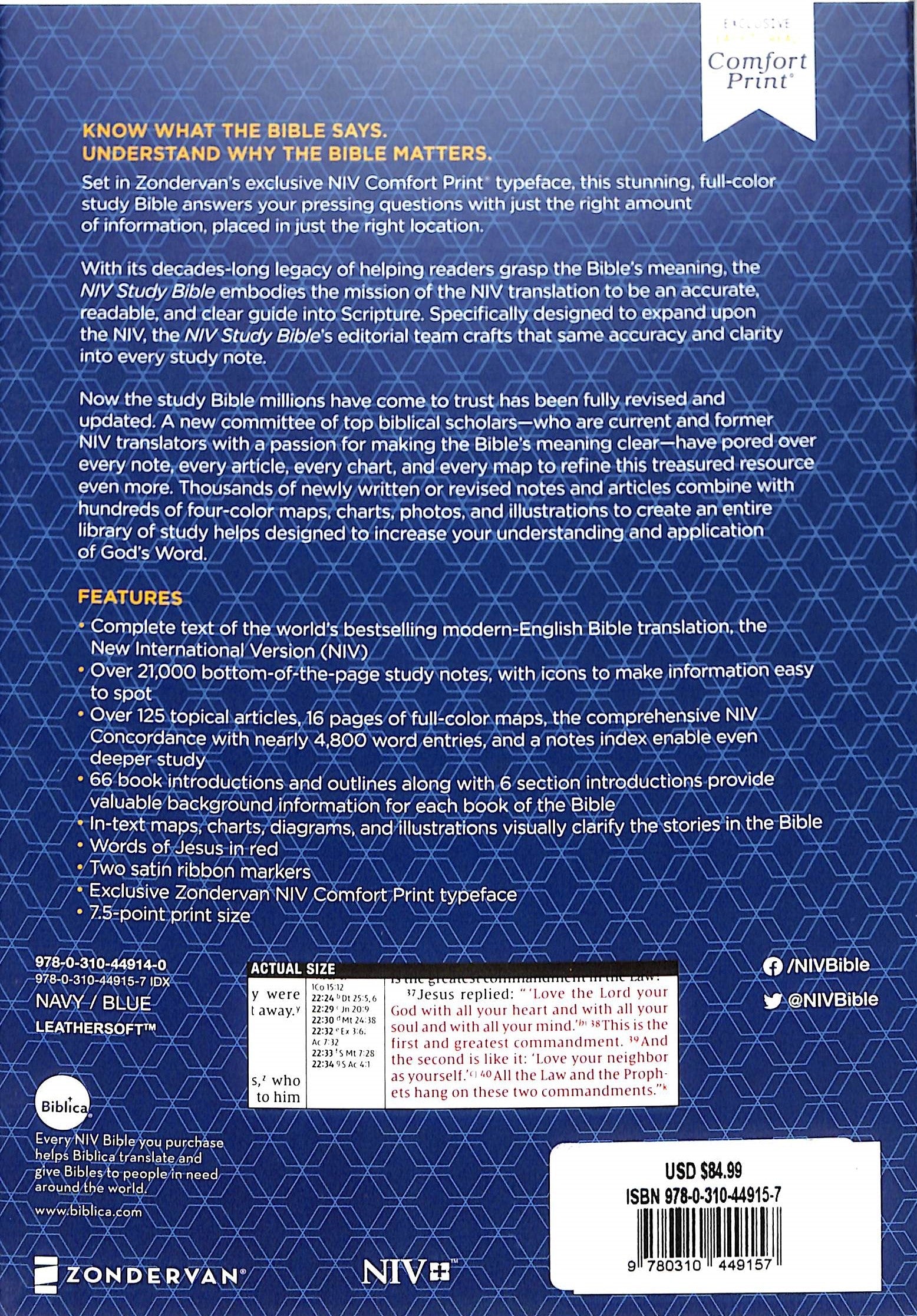 NIV Study Bible Personal Size Navy/Blue Indexed Red Letter Edition
