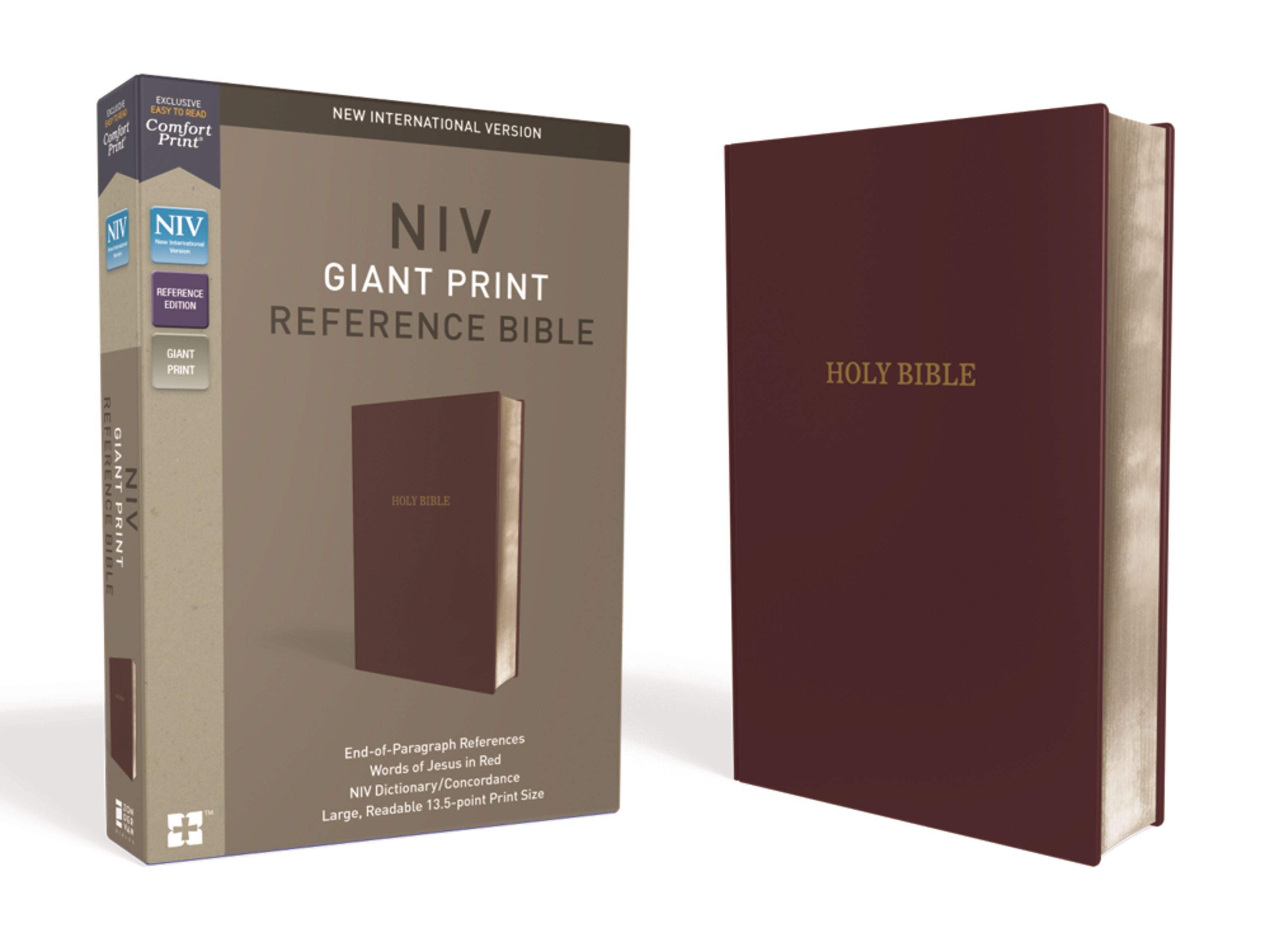 Close-up of the NIV Reference Bible in giant print burgundy red letter edition