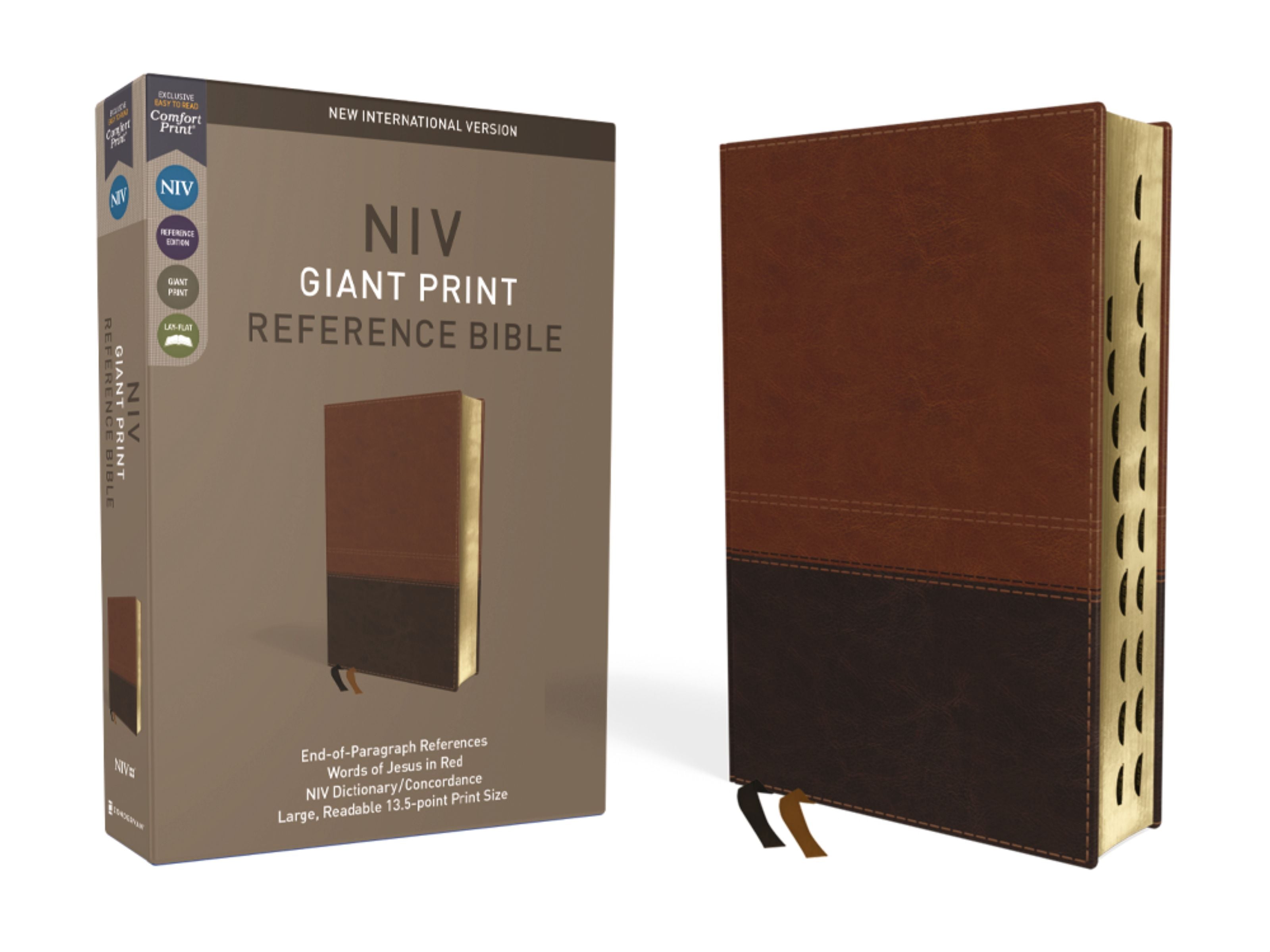 Large Print NIV Reference Bible, indexed and featuring red letter text in a brown cover.