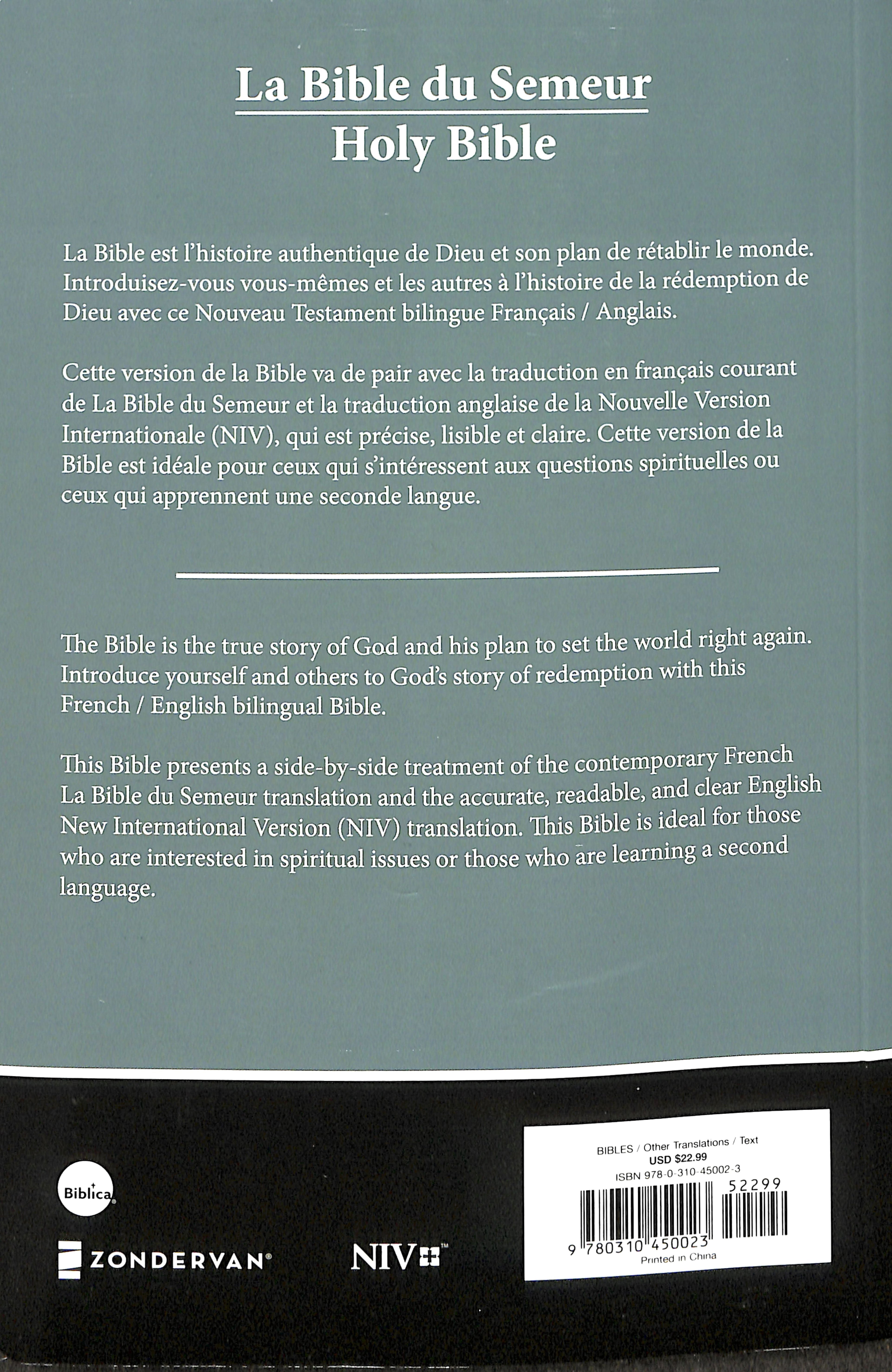 Bilingual NIV Semeur Bible in French and English with Black Letter Format