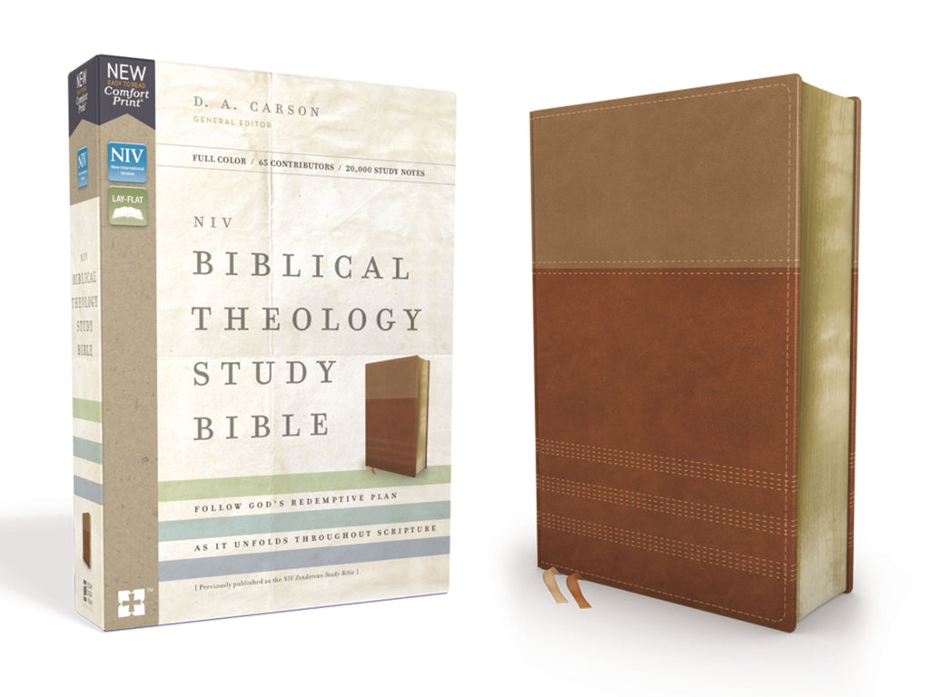 Close-up of Tan/Brown Black Letter NIV Study Bible with detailed notes and insights