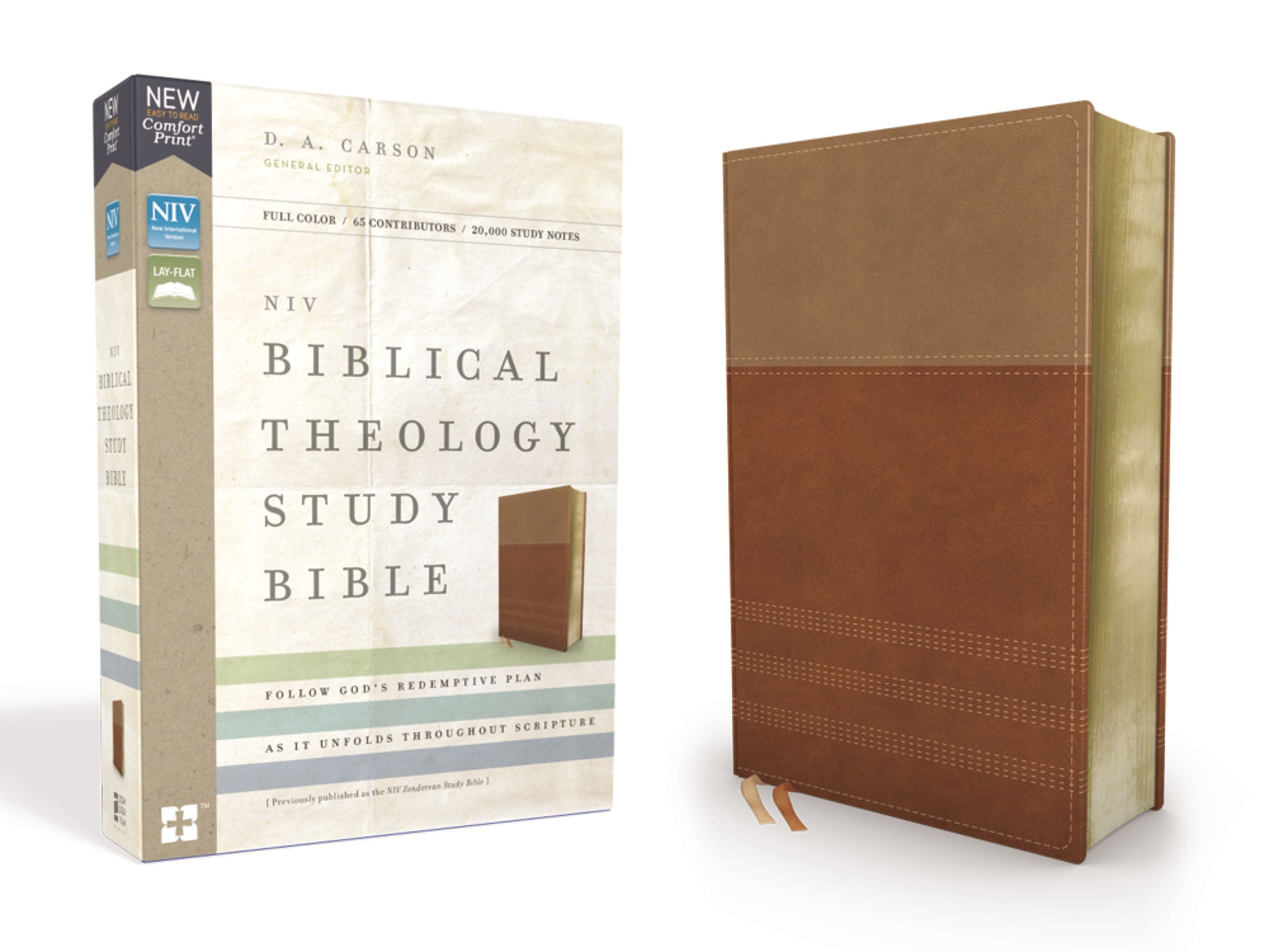 Close-up of Tan/Brown Black Letter NIV Study Bible with detailed notes and insights