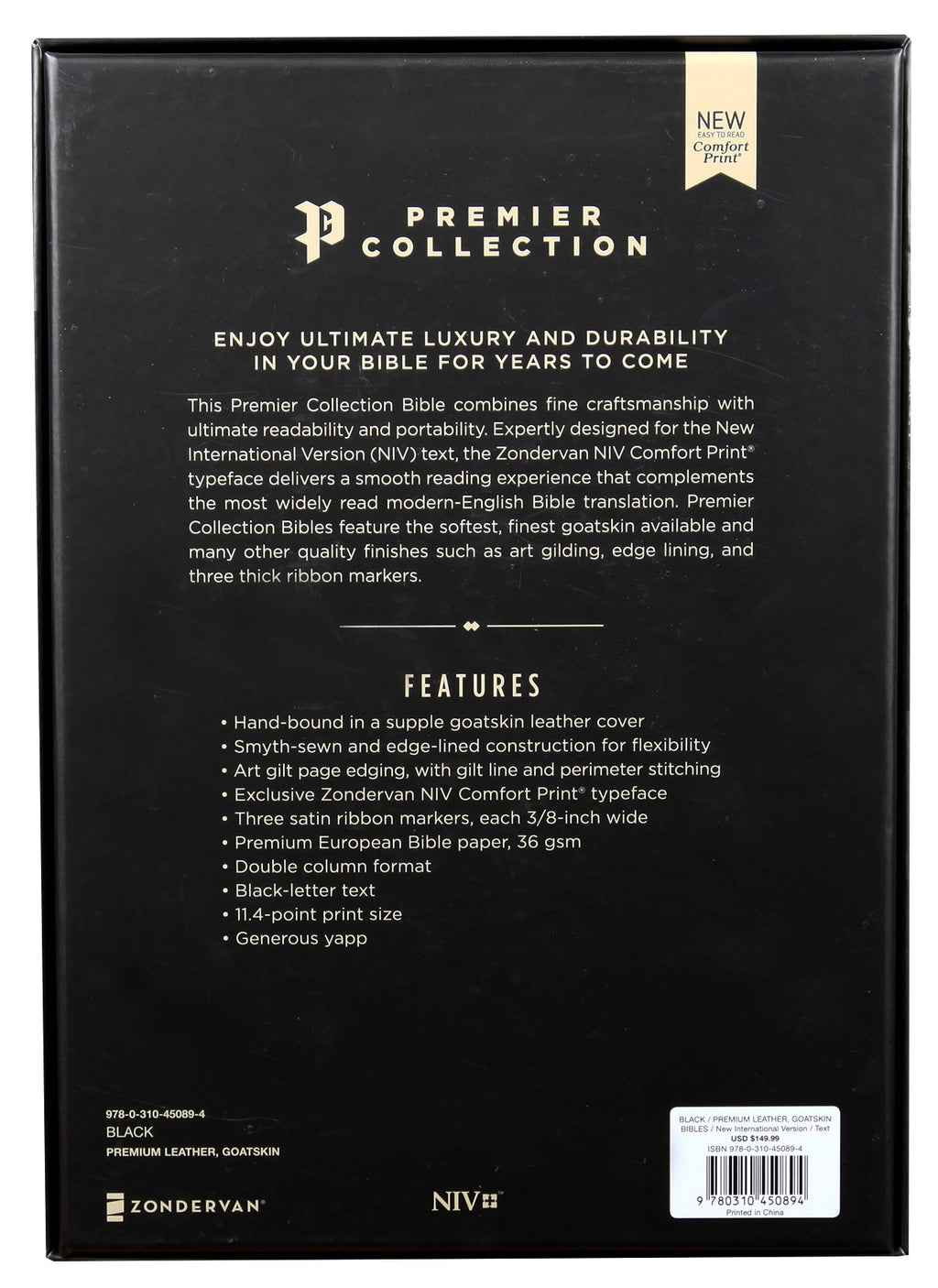 Large Print NIV Thinline Bible with Black Letter, Premier Collection edition