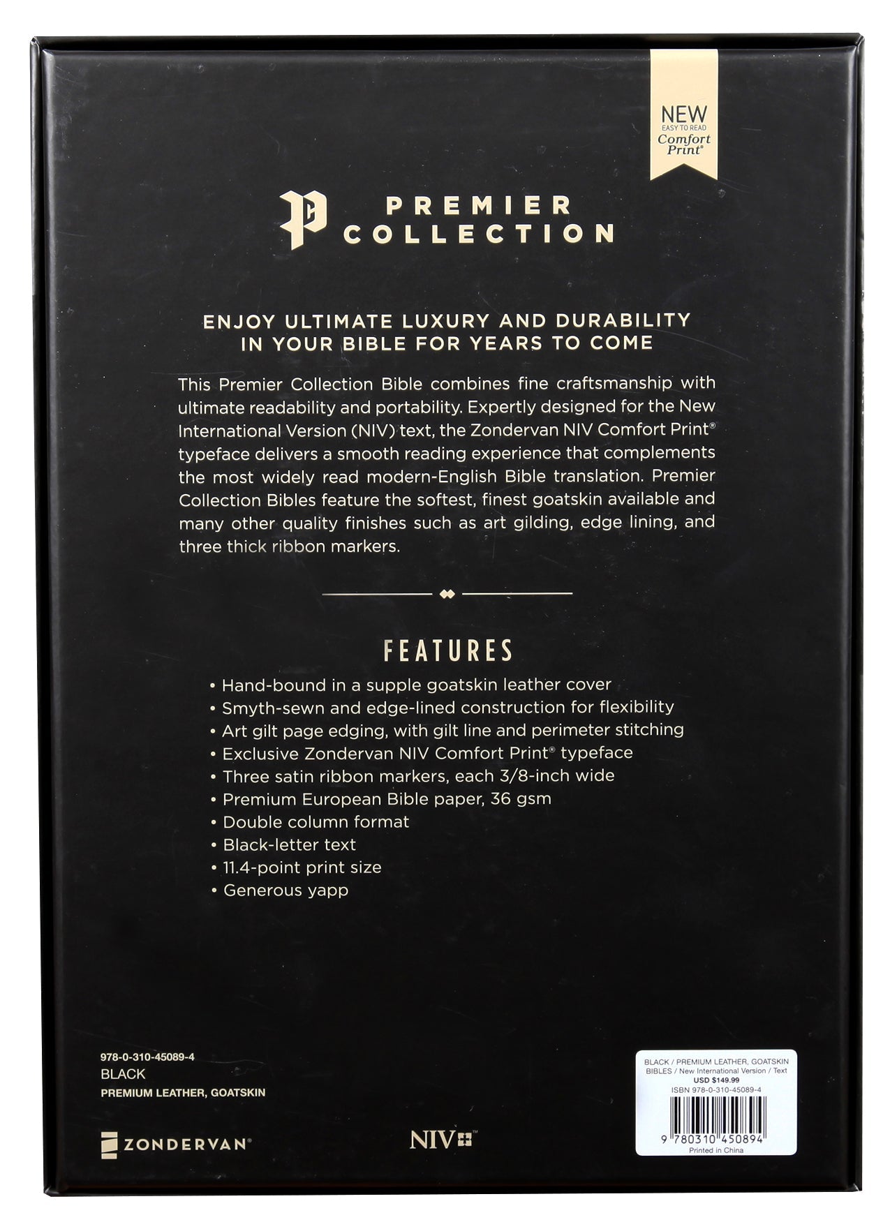 Large Print NIV Thinline Bible with Black Letter, Premier Collection edition