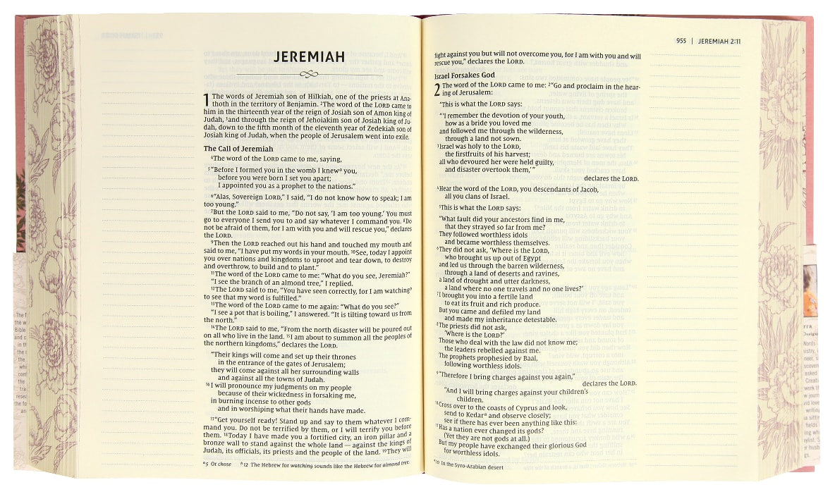 Close-up of NIV Artisan Collection Bible journaling pages with wide margins