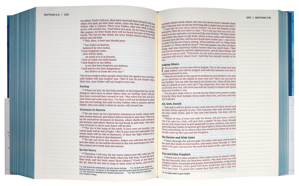 Blue NIV Artisan Collection Bible on a desk