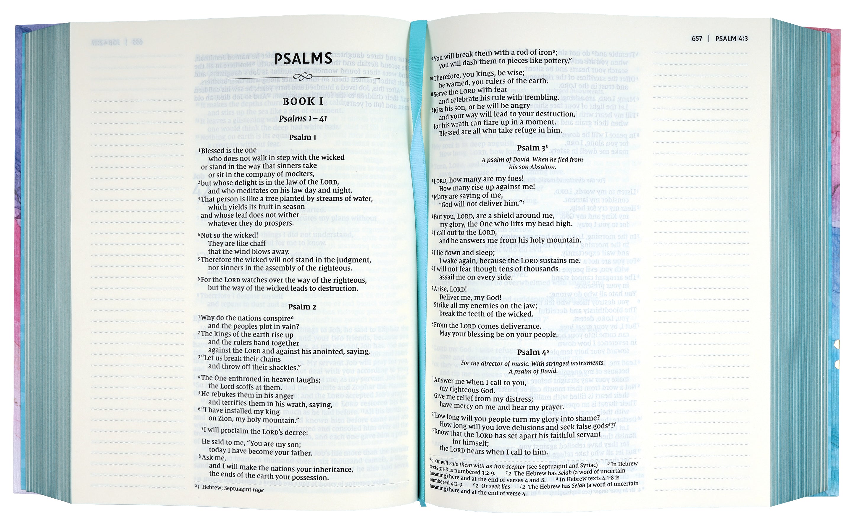 Open multi-color NIV Bible with red letter edition and bookmark
