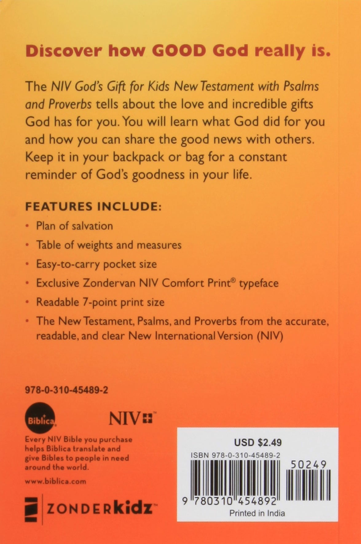 Close-up of the NIV God's Gift For Kids Pocket New Testament With Psalms and Proverbs