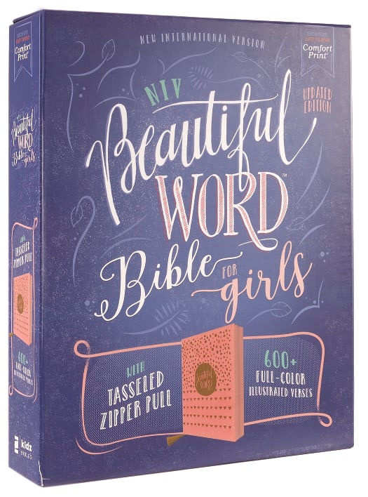 Close-up of pink zippered NIV Beautiful Word Bible for Girls in red letter edition, ideal for reading and personal growth.