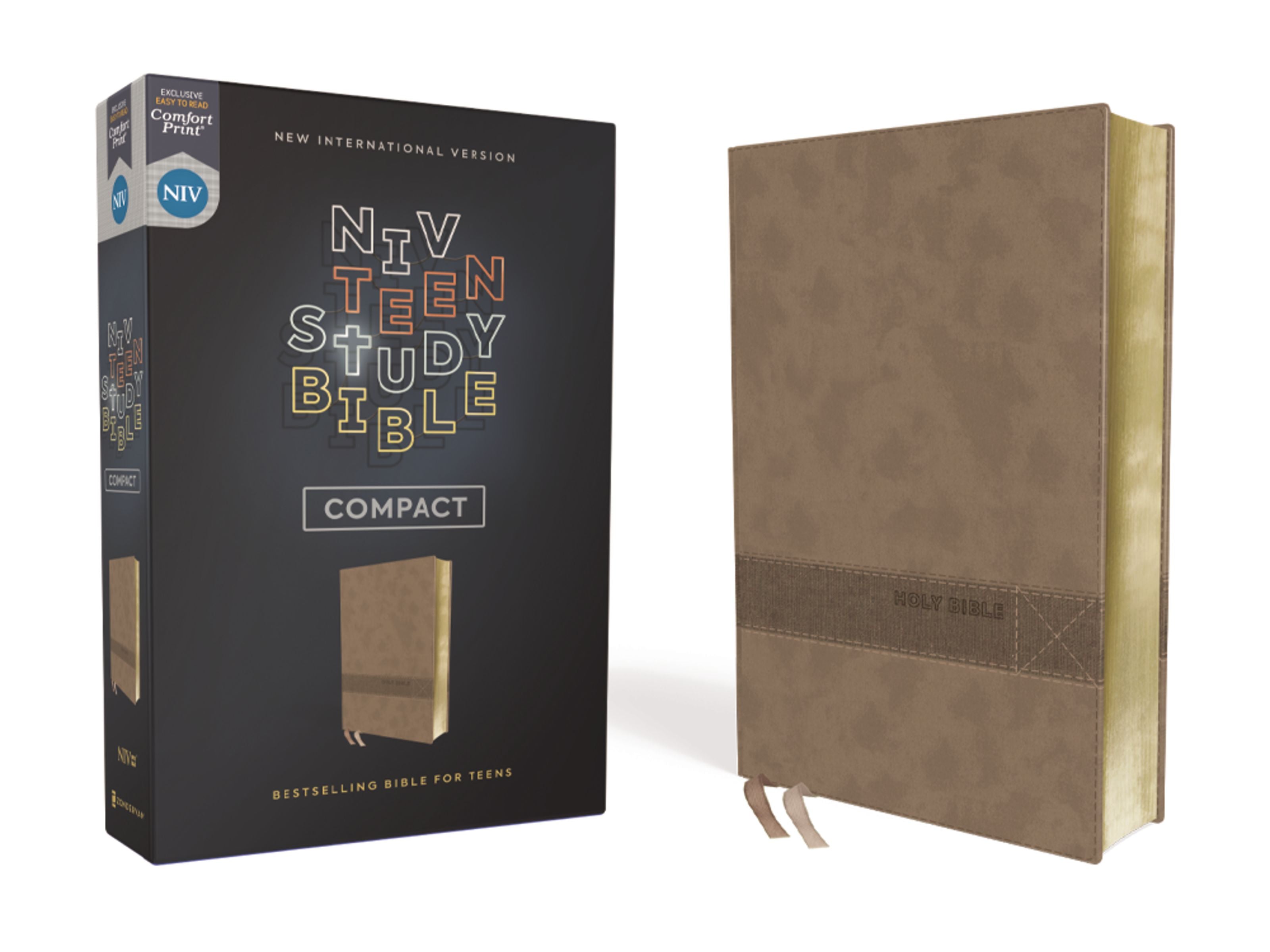 Compact Brown Comfort Print edition of the NIV Teen Study Bible, ideal for teenage Bible study and devotion.
