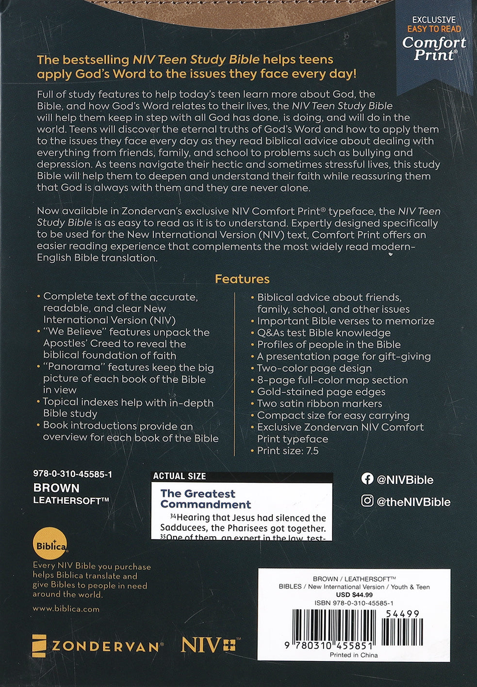 NIV Teen Study Bible, a compact and portable New International Version Bible for teenagers, in brown comfort print.