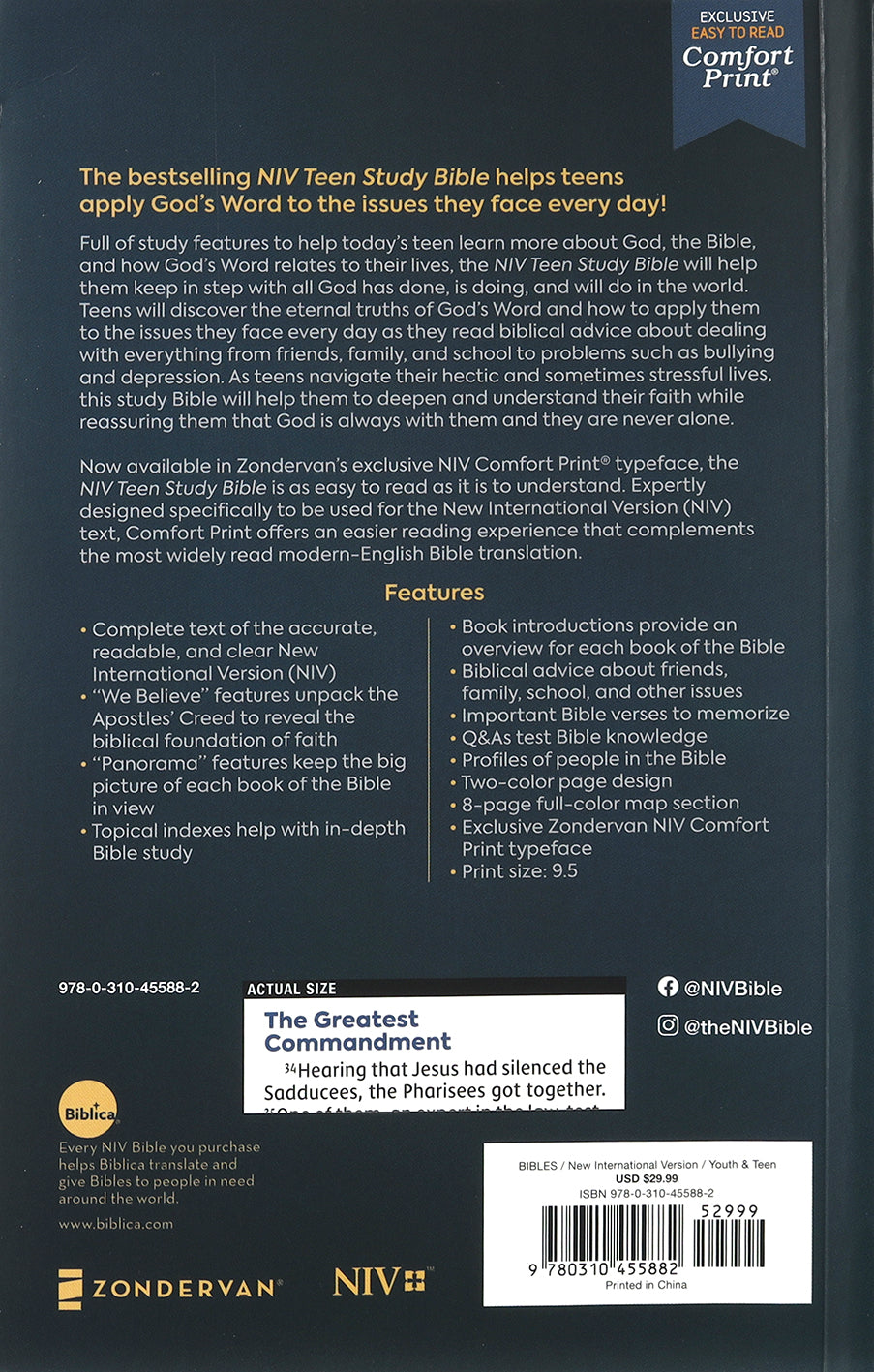 Close-up of NIV Teen Study Bible pages, featuring Comfort Print and study notes for teens
