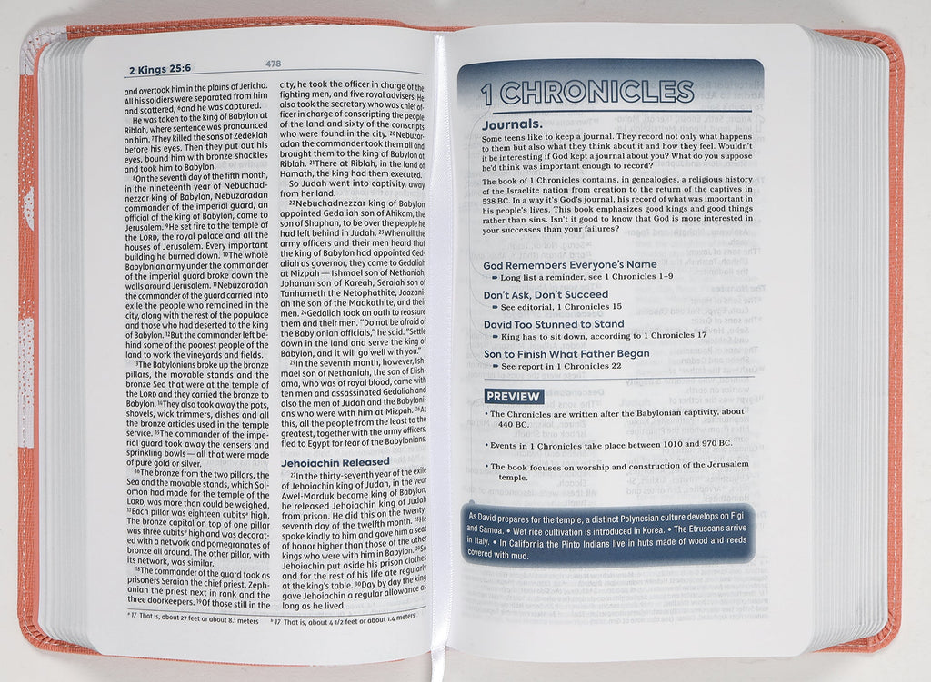 Peach Comfort Print version of Compact NIV Teen Study Bible with study notes and features for teenagers.