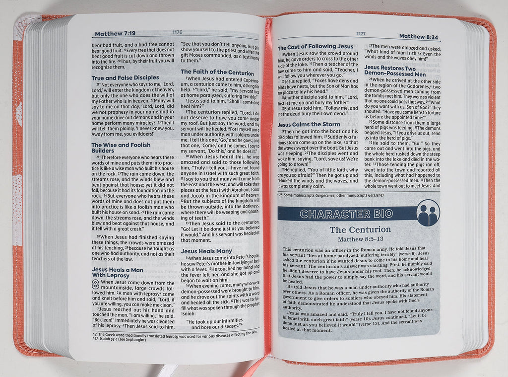 Compact NIV Teen Study Bible in Peach Comfort Print with study resources, notes, and easy-to-read text for teens.